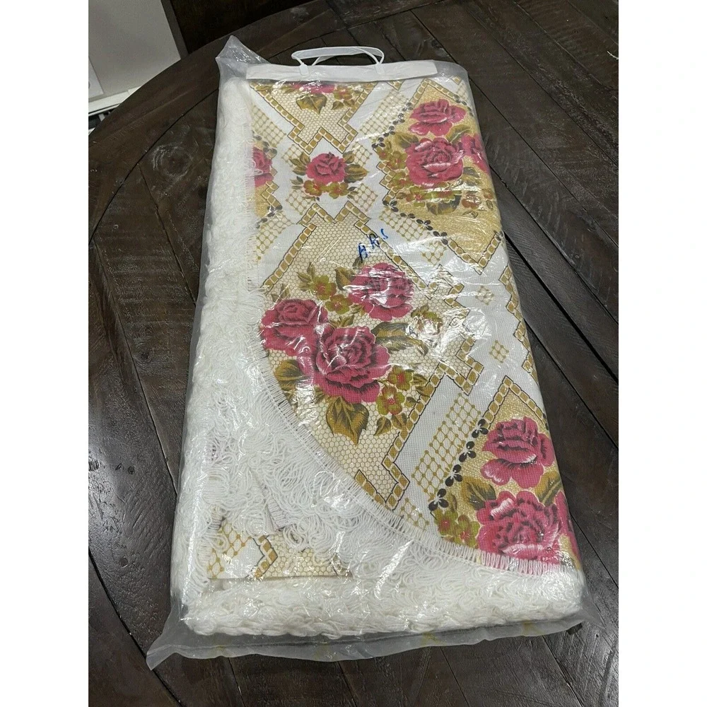 Bedspread Tapestry Pink Roses Gold Floral‎ Cover Fringe Double Vintage NOS